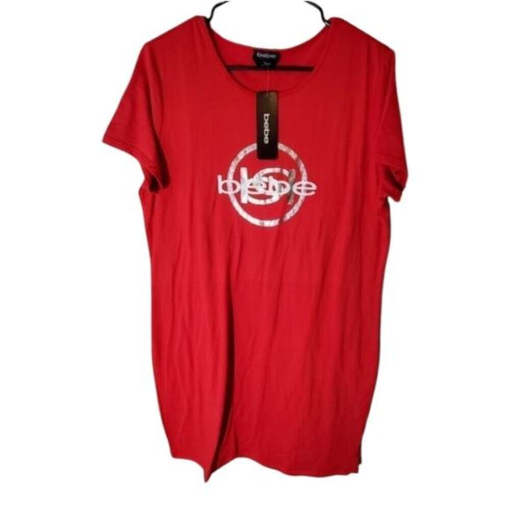 Bebe 1X Red Short Sleeve Graphic Logo T-Shirt Dress Silver‎ Foil Accents NWT New